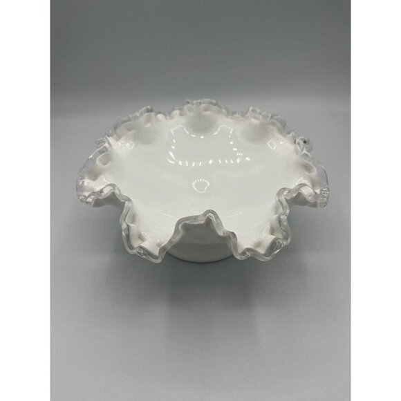 Vtg White Glass with Clear Ribbon Ruffled Footed Compote Candy Dish 4 In Tall - Picture 6 of 9